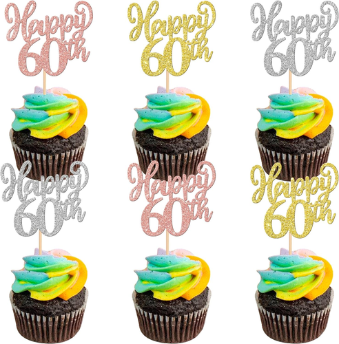 24 Pack Happy 60Th Cupcake Toppers Glitter Sixty Cheers to 60 Cupcake Picks 60 F - Picture 12 of 12