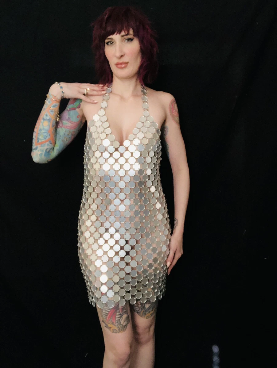 Silver DISCO Shiny Mirror Sequin Circles Mini Dress Paco Rabanne Style Vintage