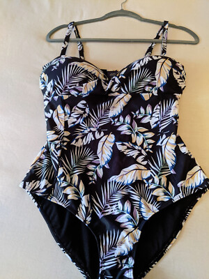 ROATAN SWMWEAR one piece swimsuit Size Large Floral on Black Built in Bra