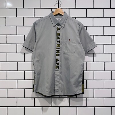bape dress shirt A Bathing Ape Men Bape Logo Check Loose Fit Shirt (blue)