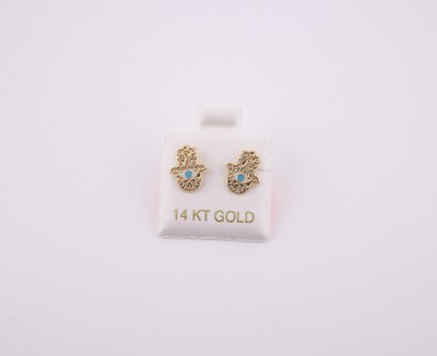 Women's 14K Gold Hamsa Hand Evil Eye Blue CZ Stud Earrings Spiritual Jewelry **