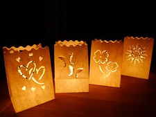 8 Luminaria Lichttüten Bunter Tisch Leuchttüten Hochzeit Herz, Sonne, Glücksklee