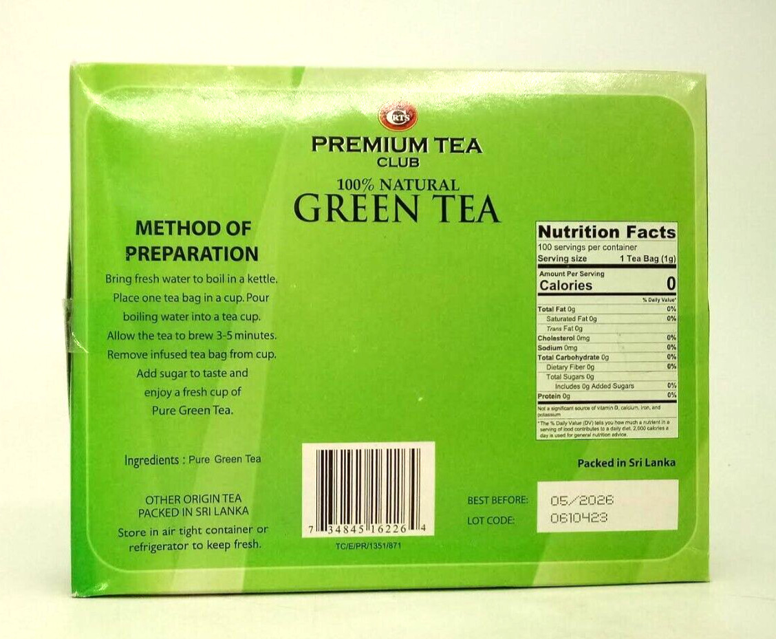 Premium Tea Club 100% Natural Green Tea 100 Tea Bags 5/26 NEW