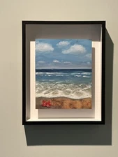 Original Oil On Map Aluminium Panel Beautiful Ocean Beach Scene Signed