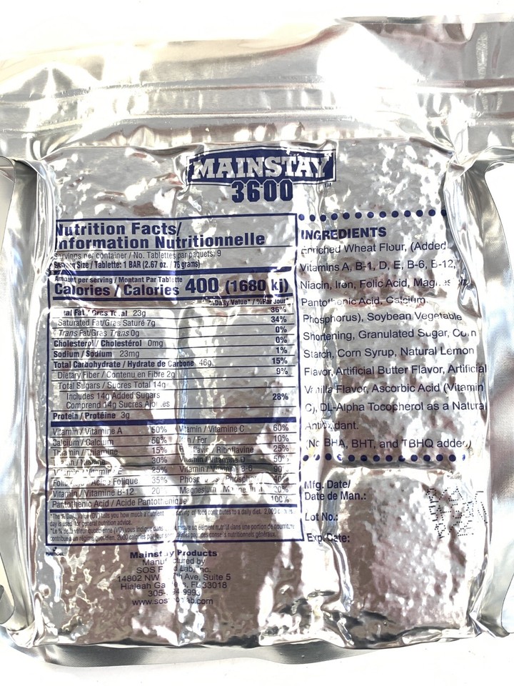 Food Lab Mainstay 3600 Calorie Emergency Energy Food Bar Bug Out SHTF
