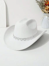 White Cowgirl Cowboy Hat Rhinestone Heart Band Rodeo Western Country Festival