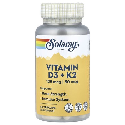 Solaray, Vitamin D3 + K2, Soy-Free, 125 mcg (5000 IU), 60 VegCaps