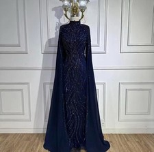 Women's Navy Blue Beaded Long Dress With Attached Beaded Long Cape Size 4