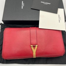 Saint Laurent YSL Y-Line Gold Logo Red Leather Long Wallet Zipped Auth