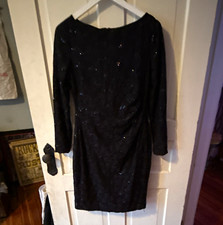 Chaps Black Lace Sequin Sheath Dress Boat Neck 3/4 Sleeve Zip Knee 12