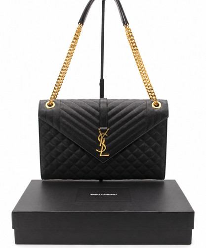 Saint Laurent YSL Envelope Large Black Leather Gold Chain Bag 600166 BOW91