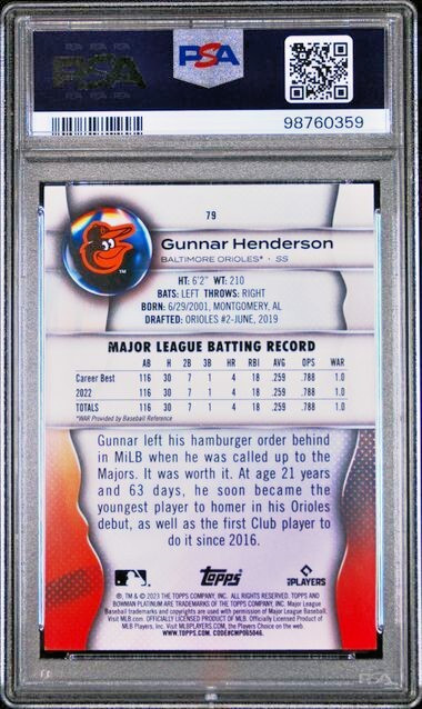 2023 Bowman Platinum Rookie /99 Green Refractor #79 Gunnar Henderson RC SP PSA 6 view 2