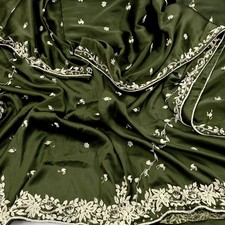 Indian Vintage Green Hand Embroidered Pure Satin Silk Dupatta Zardozi Stole Veil