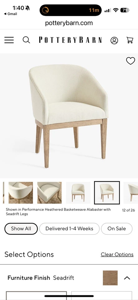 Baldwin Мягкое Деревянное Основание Обеденный Стул, Seadrift, Ветреный Шениль Белый x4 - Изображение 3 из 4