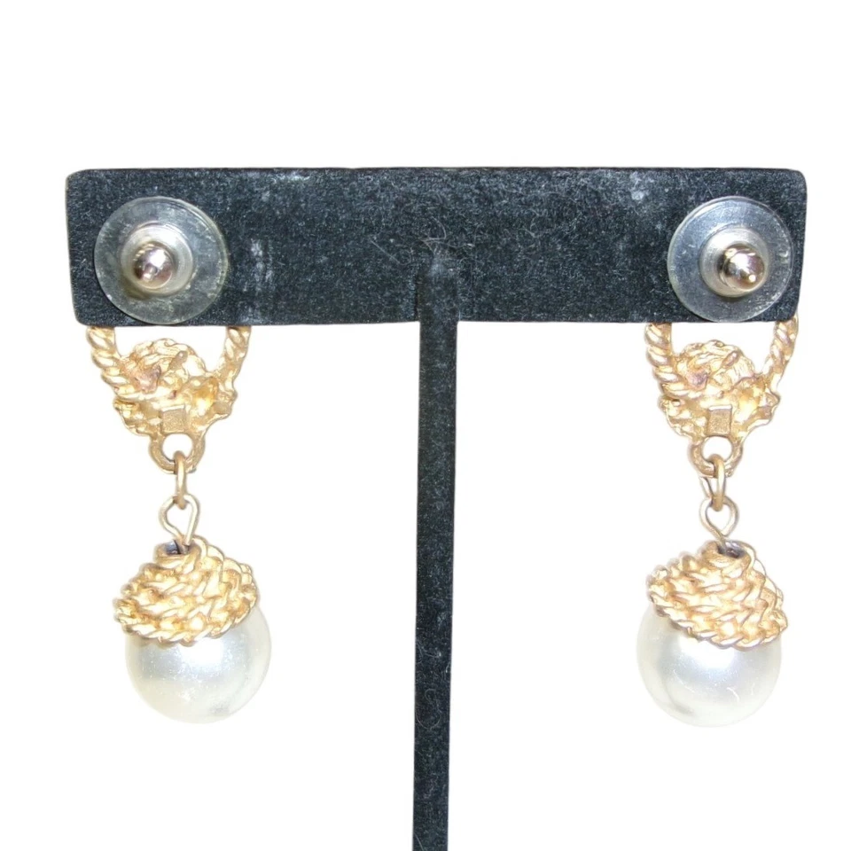 Vintage Gold Tone Pearl Rope Knot Chandelier Drip Drop Post Earrings - Image 3 of 3