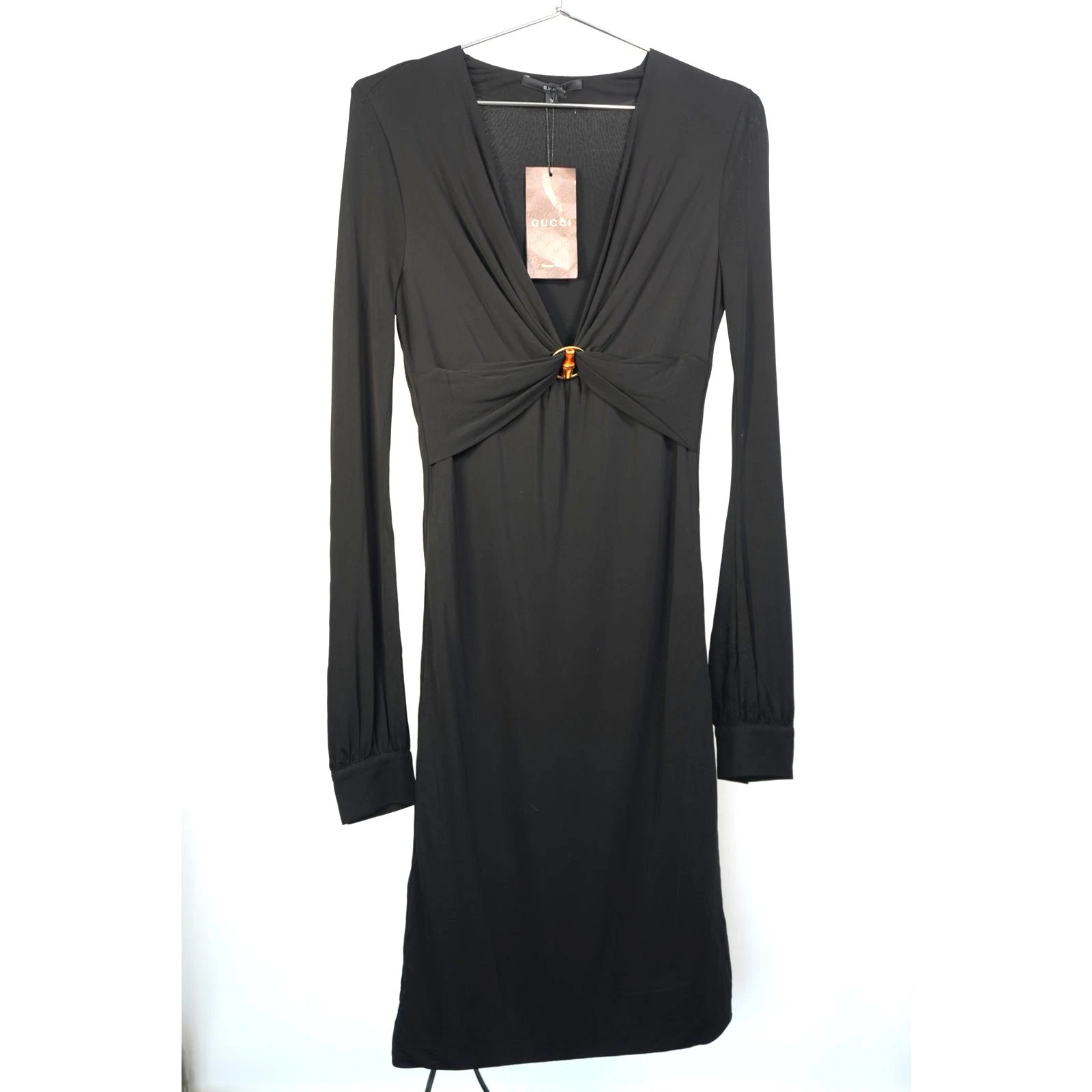 Robe noire manches longues col V détail bambou Gucci X Tom Ford 