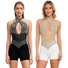 Womens Rompers Party Jumpsuit Open Bodysuit Front Shiny Halloween Crossing Rave