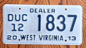 2013 West Virginia Auto Dealer Plate -DUC 12 1837 - License Plate
