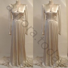 Vintage Wedding Dress Light Champagne Satin Long Sleeve Sweep Train Bridal Gown