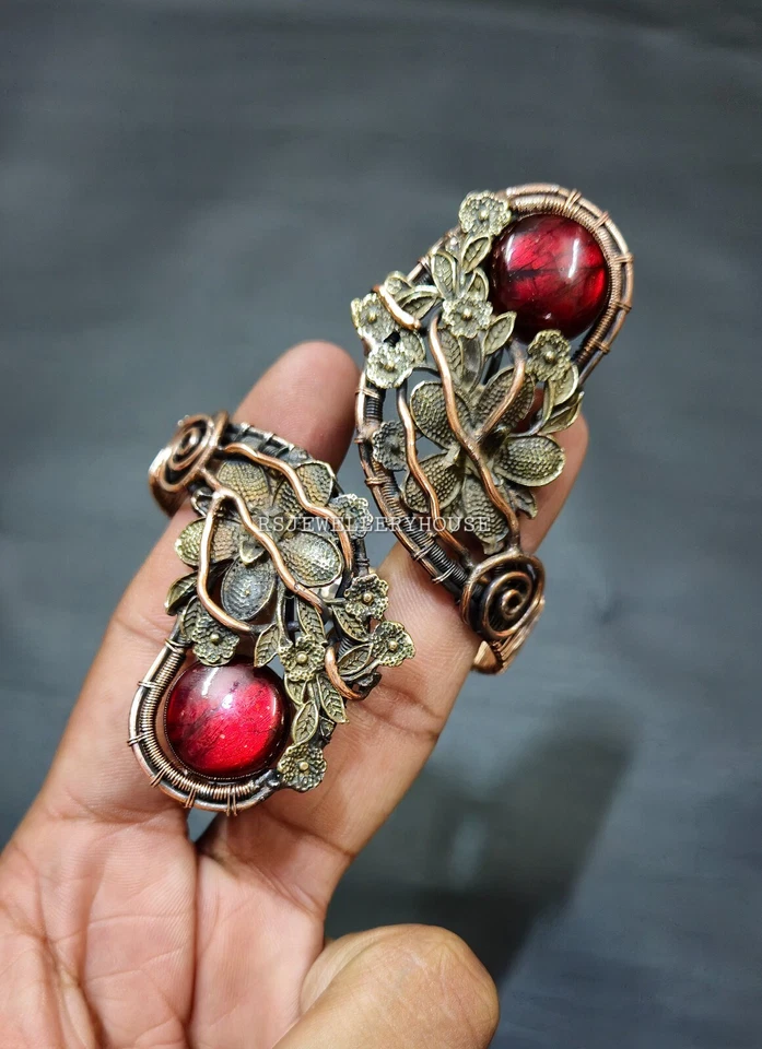 Hermoso Brazalete Doble Rojo Labradorita Piedras Preciosas Brazalete Envuelto Alambre Regalo Foto 4 de 4