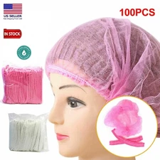 100 Disposable 18" Non-Woven Strip Mob Caps(Pink/White) Net Bouffant Head Covers
