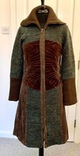 S'nob Long Patchwork Asymmetric Coat Collared Slimming In Brown & Green Uk 8-10
