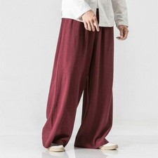 Men's Cotton Linen Pants Loose Wide Leg Trousers Ethnic Summer Straight Retro