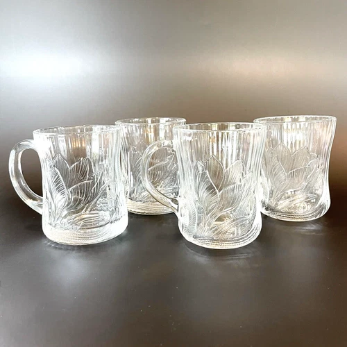 Vtg Arcoroc France Set of 4 Canterbury Etched Crocus Lotus Pattern Glass Mugs 4"