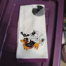 Haunting Halloween Dachshund Dog Kitchen Towel - Spider Web Bat Masked Zorro NWT