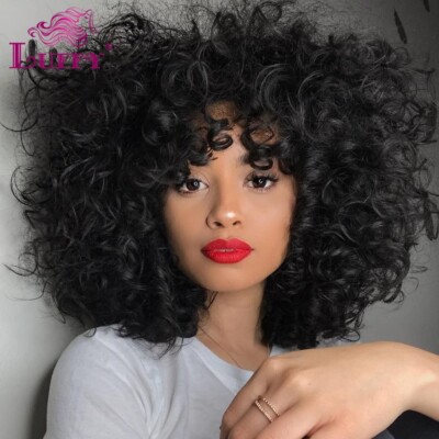 Bouncy Curly With Bangs Brazilian Human Hair Wig O Scalp Top Machine Made Wigs