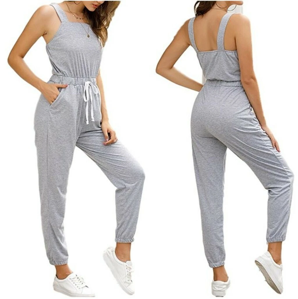 Women s Casual Overalls Sweatpants Jumpsuit Drawstring Sleeveless