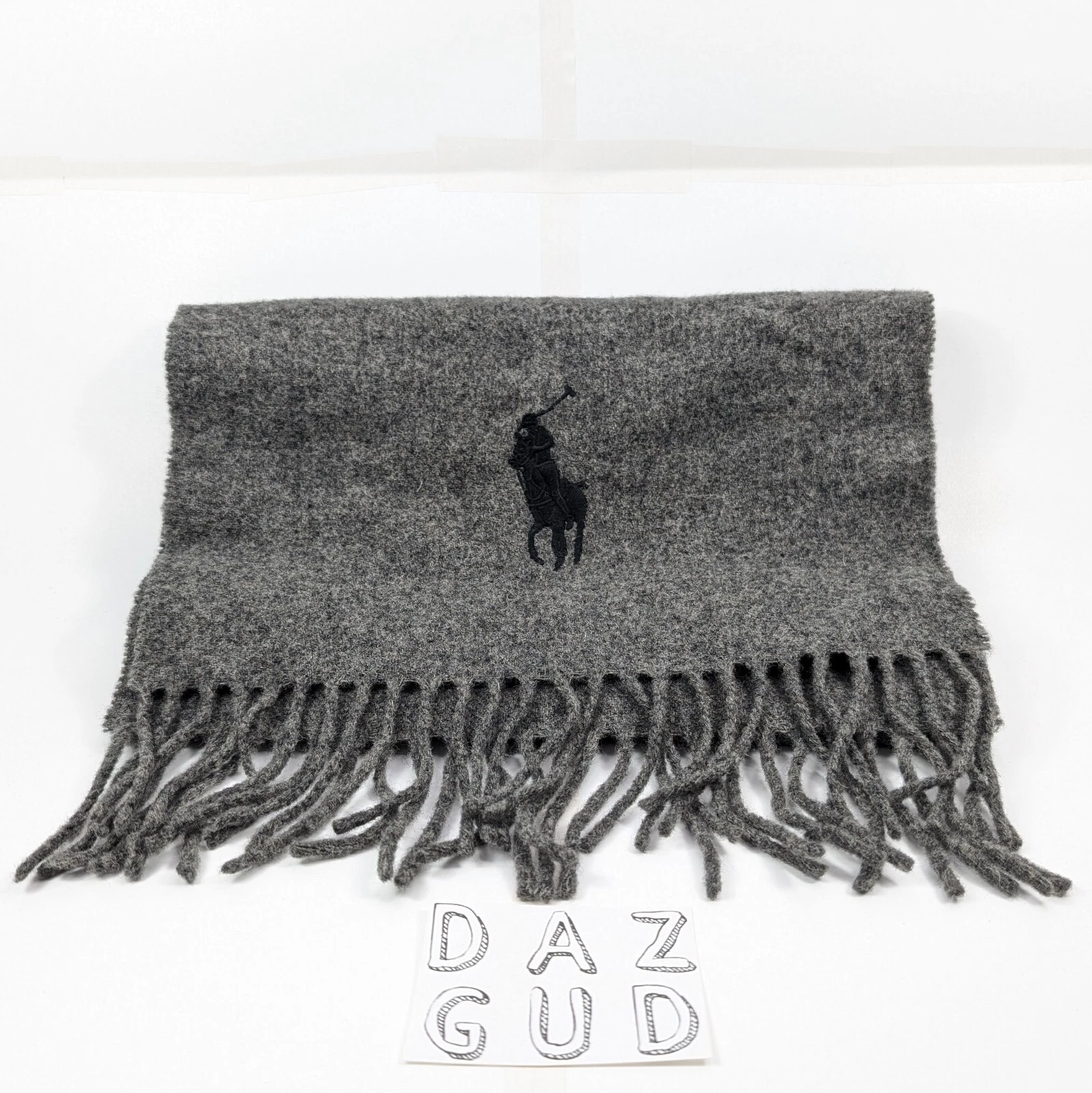Polo Ralph Lauren Scarf 100% Lambswool Gray Black Unisex Made in Italy Pony EUC