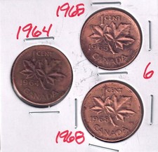 1964 1965 1968 Canada 1 Cent Coins. U Grade From The Hi-res Scan. Canada Penny 1964 1965 1968 Canada 1 Cent Coins. U Grade From The Hi-res Scan. Canada Penny