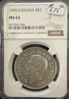 1945 Canada $1 Silver – NGC MS63 – King George VI Voyageur Dollar