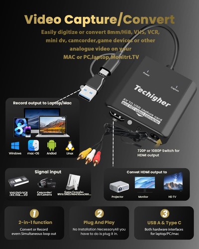 VHS zu Digital Konverter & Cinch HDMI Adapter USB Video Capture Card SCHWARZ - Bild 3 von 8