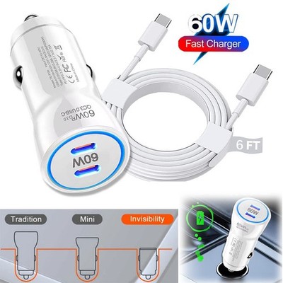 Double Type-C 60W PD Fast Charging Car Charger For Samsung iPhone Android Phone