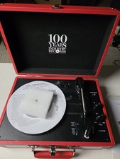 New Red Retro Suitcase Record Player Bluetooth with Acuity Insurance Branding.