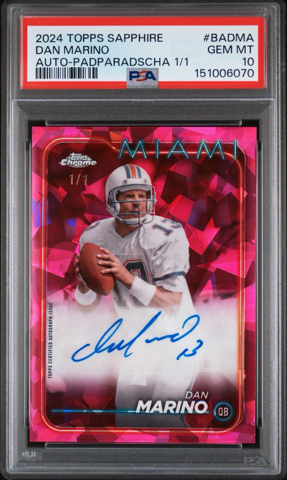 Dan Marino 2024 Topps Chrome Sapphire 1/1 Auto PSA 10 GEM MINT Dolphins HOF view 6