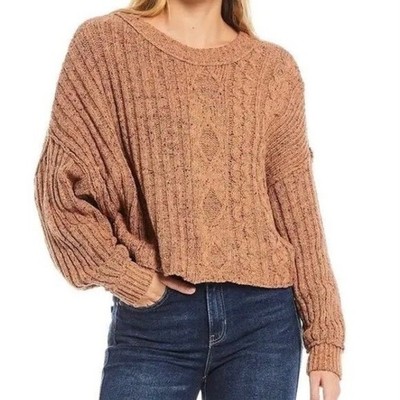 Free People On Your Side Cable Knit Crop Sweater Women Medium Brown Cotton Blend