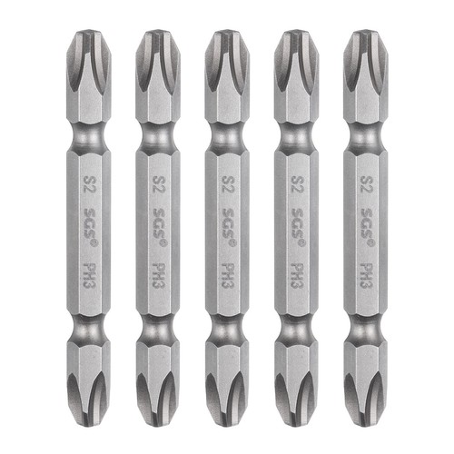 HARFINGTON 5-Pack Double-Ended Magnetic Screwdriver Bits – PH2, 2.56" Length, 1/4" Hex Shank, S2 Steel (HRC60-62), Bright Silver