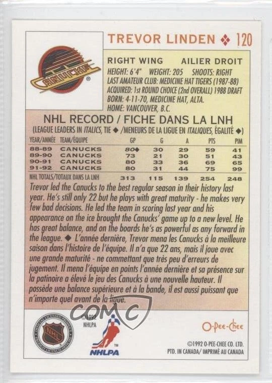 1992-93 O-Pee-Chee Trevor Linden #120 - Image 2 of 2