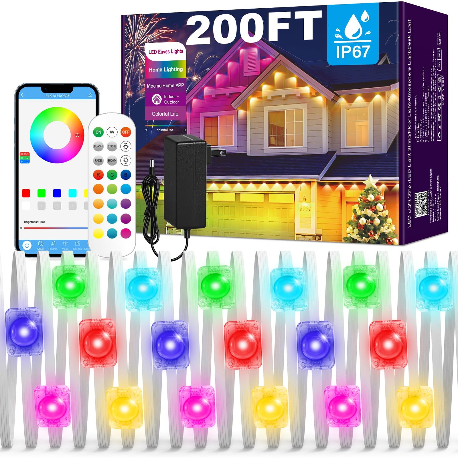 200ft RGB Permanent Outdoor Lights with App & Remote Control for Eaves & More