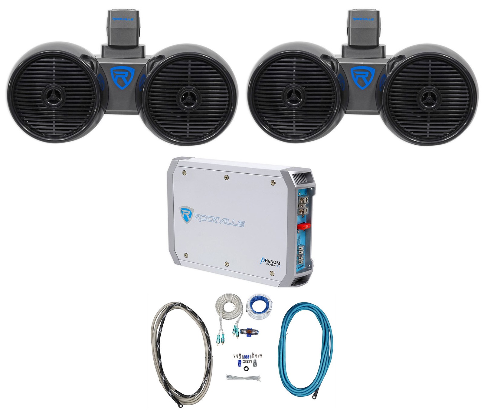 2) Rockville Dual 6.5" 600w Wakeboard Tower Speakers+2-Channel Amplifier+Amp Kit