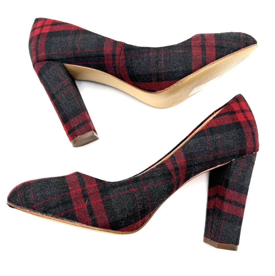 Zapatos de salón J Crew para mujer talla 7 rojos negros a cuadros de tacón ancho mezcla de lana clásicos Foto 4 de 4