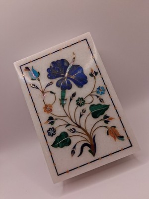 Vtg. Uniq Marble Inlay Cobalt Aqua Floral Trinket Box W Mother Pearl Accents
