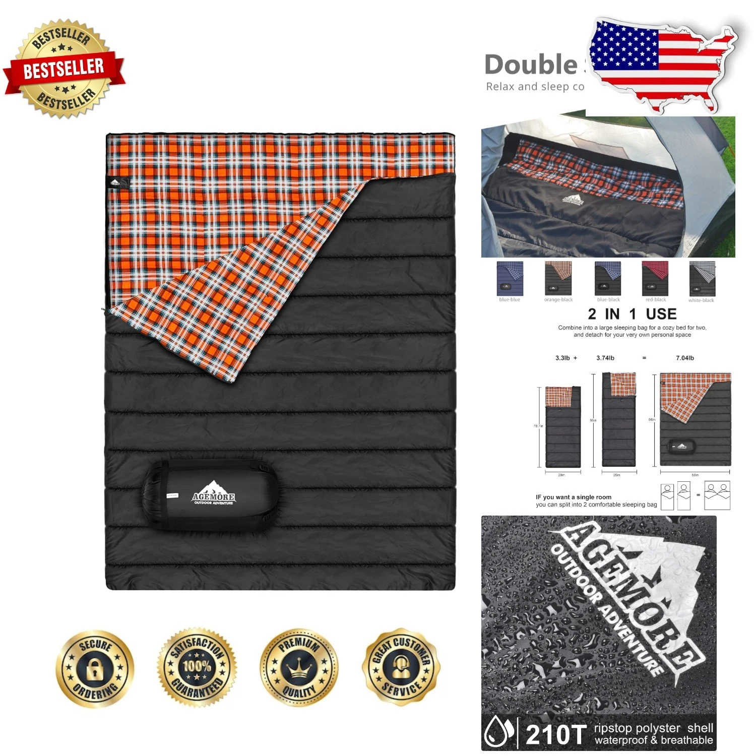 Waterproof 2 Person Flannel Cotton Sleeping Bag - Queen Size Camping Dual
Opens in a new window or t