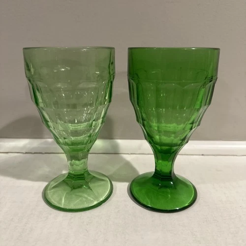 2X Vintage Hazel Atlas Uranium Depression Water Glass Goblet Colonial Block