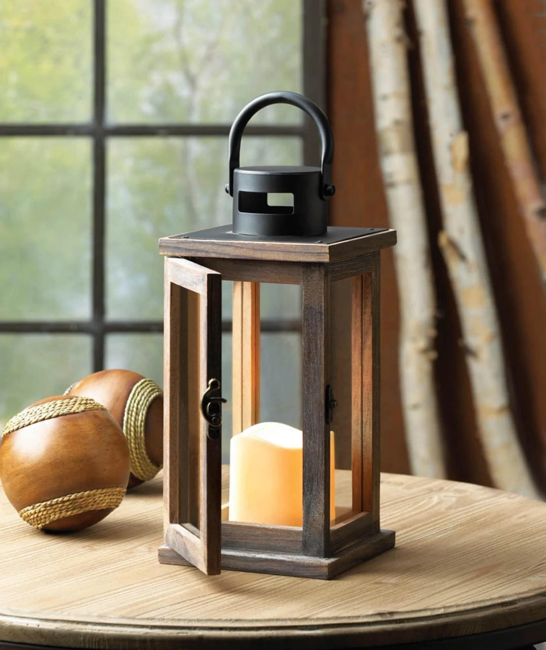 Brown Iron Glass Lodge Home Decor Wooden Lantern With Led Candleholder