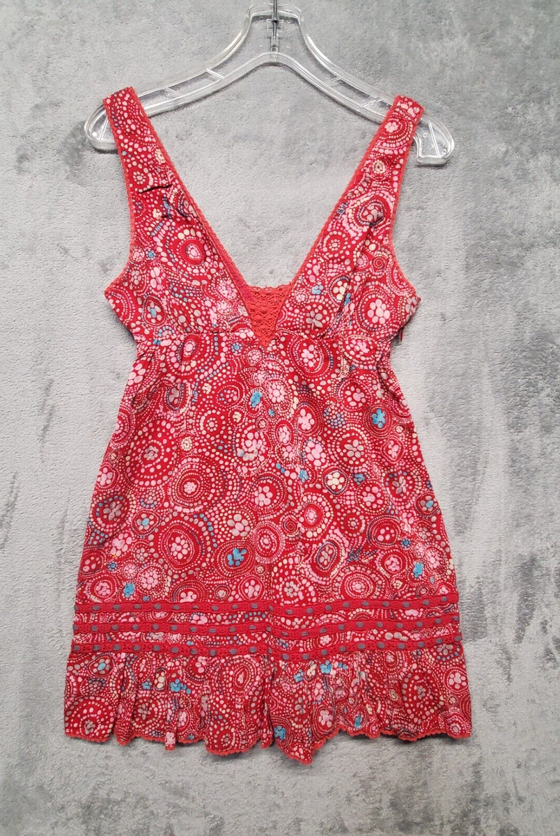 Free People Dress Womens Red Multi Boho Tank Dress Knit Crochet