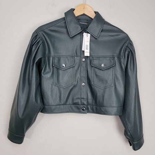 T.Tahari Kunstleder Cropped Bomberjacke Damen Gr. PS Flaschengrün Druckknopf